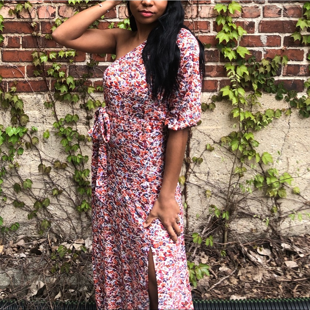 One Shoulder Slit Midi Fit & Flare Floral Dress- S